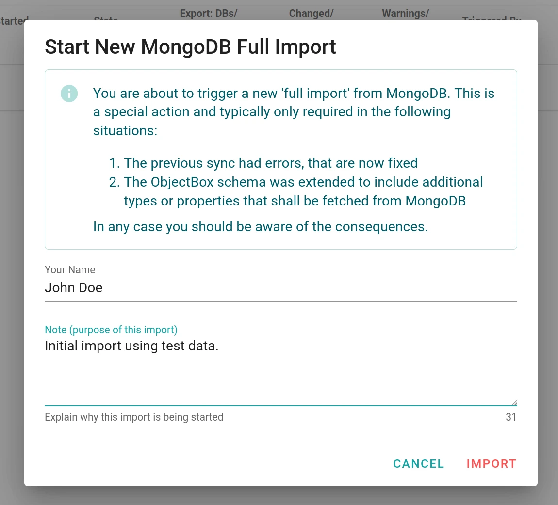 Full MongoDB import dialog showing info and input fields for name and notes