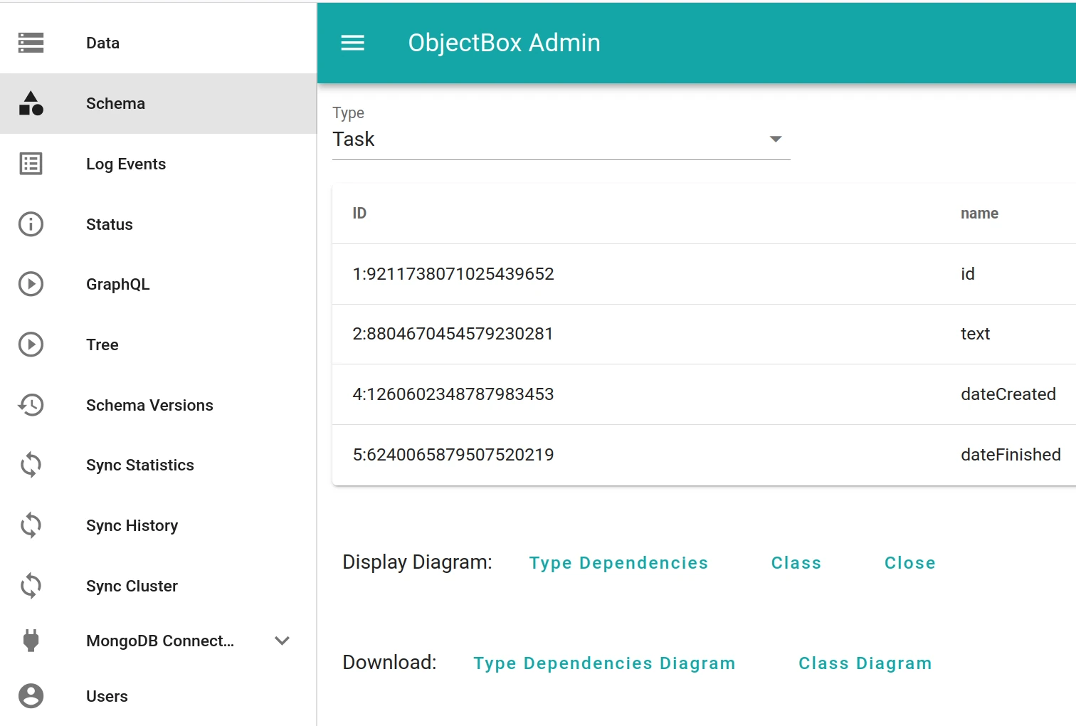 Admin web app schema page showing a Tape with its properties