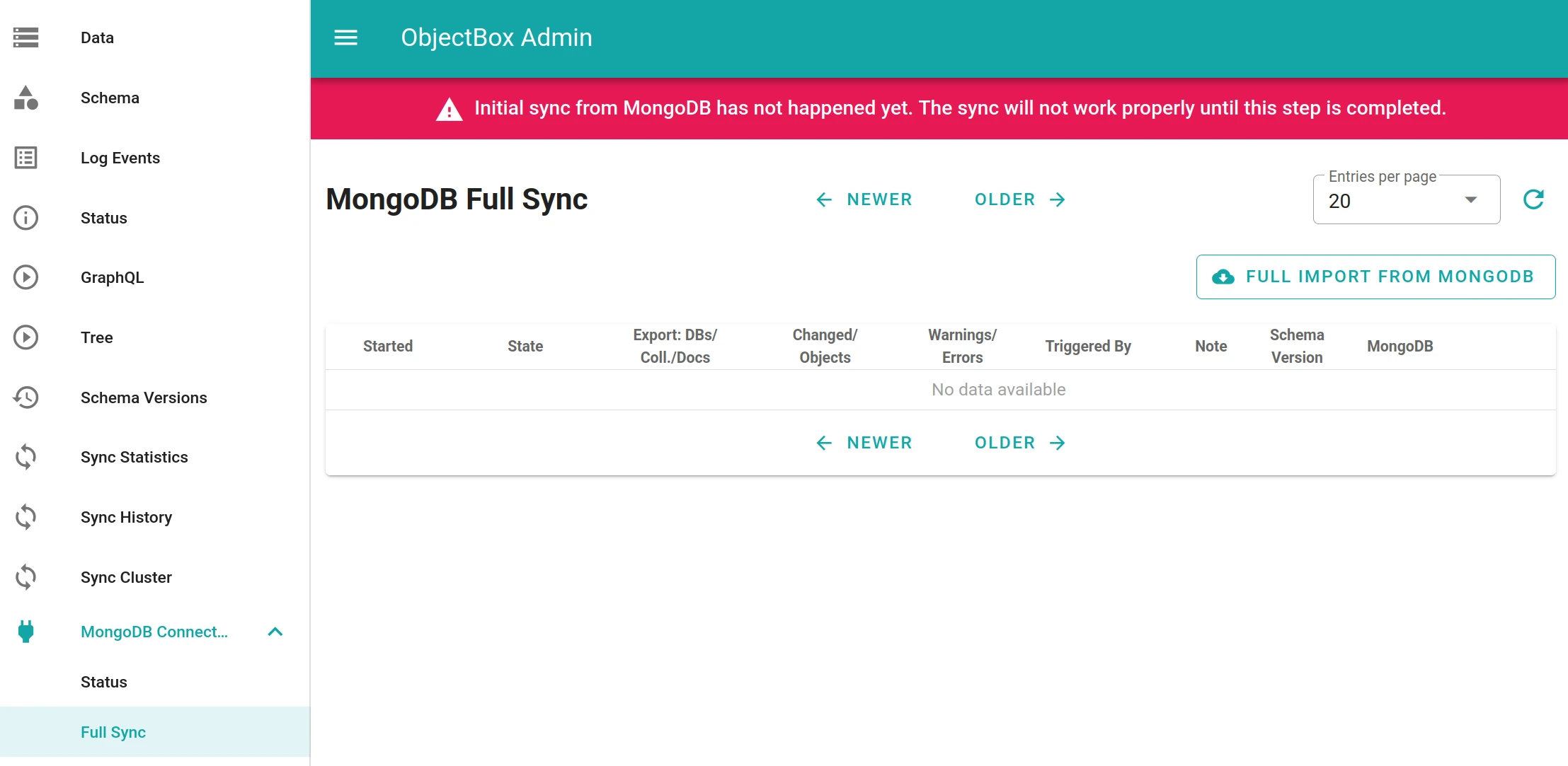 Admin web app initial import message