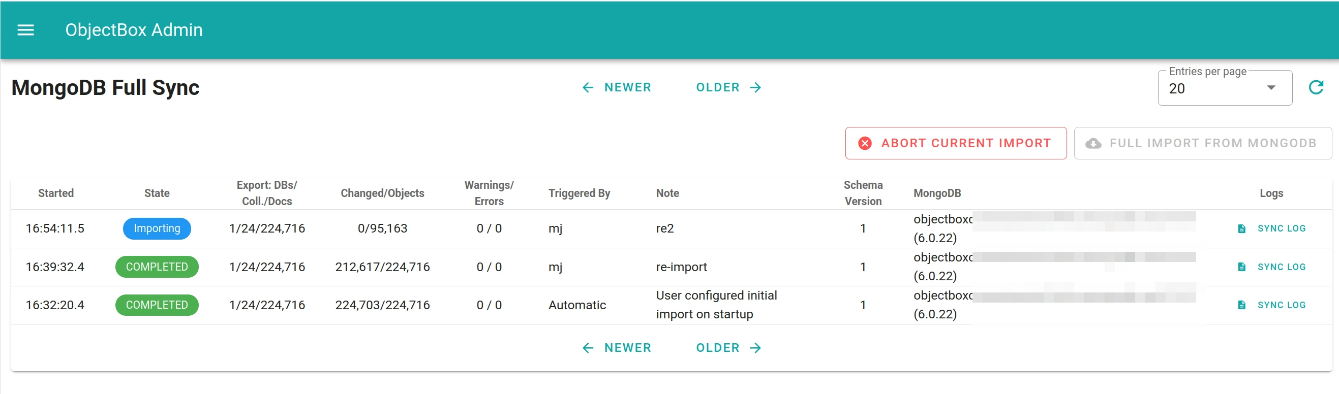 MongoDB Example of an ongoing import process in Admin UI