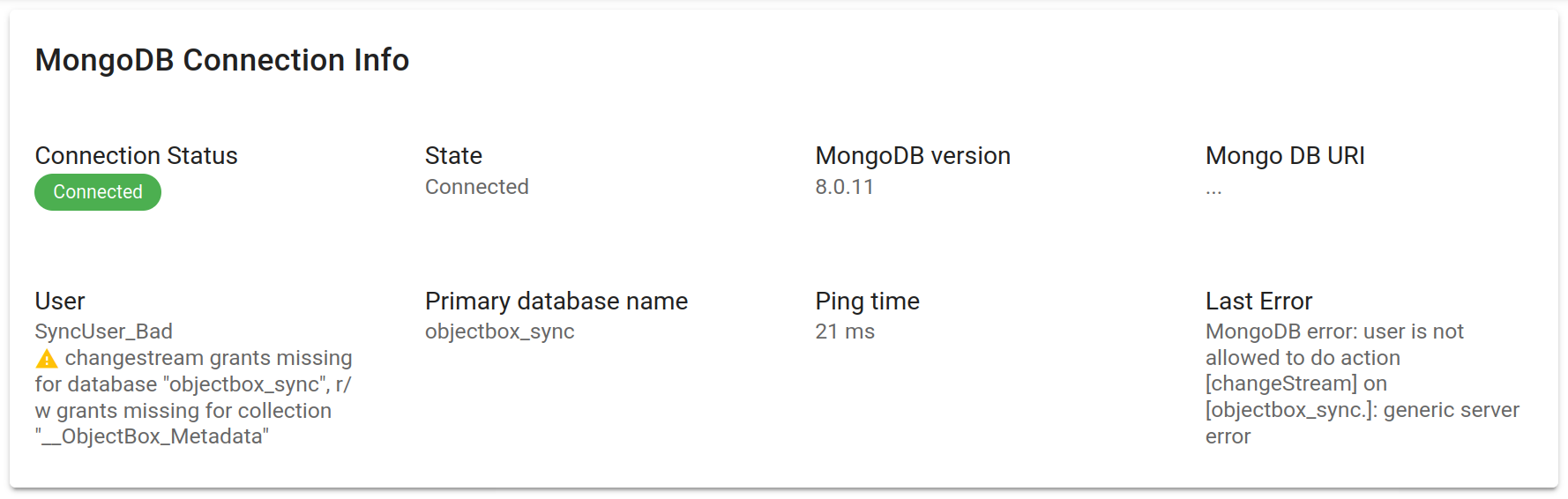 ObjectBox MongoDB User grants missing